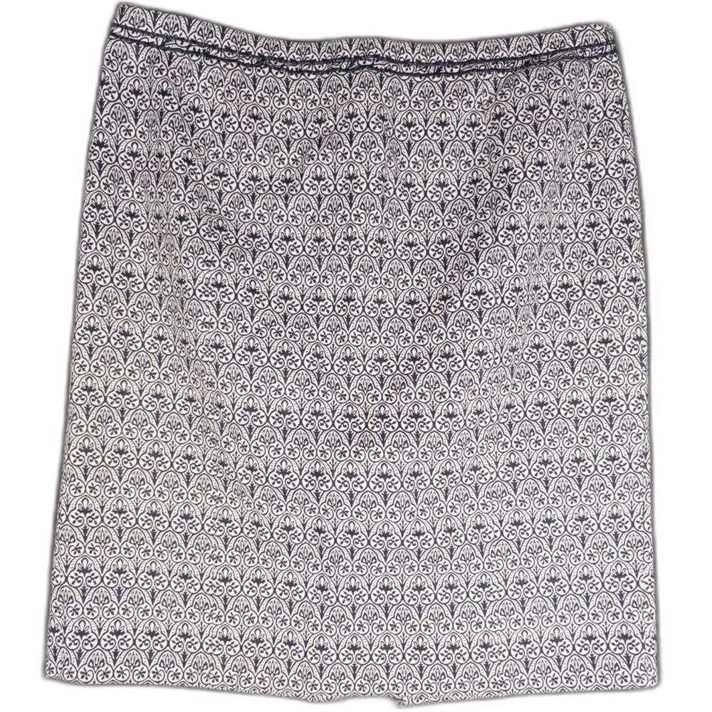 Tory Burch Heidi Pencil Skirt Size 12 Navy Blue Ivory Jacquard Knee Length - Picture 2 of 6